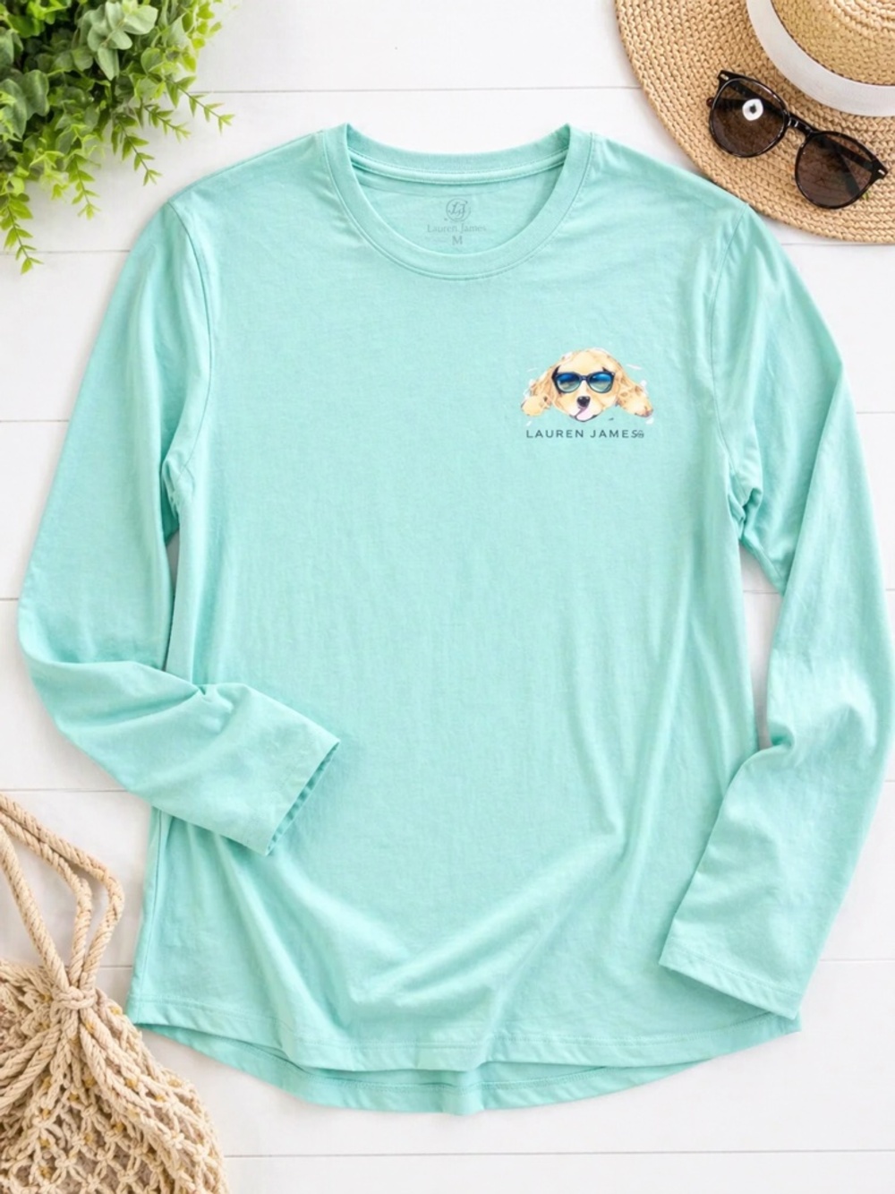 Lauren James Long Sleeve Tee Mint Green Dog Graphic Shirt Size Small